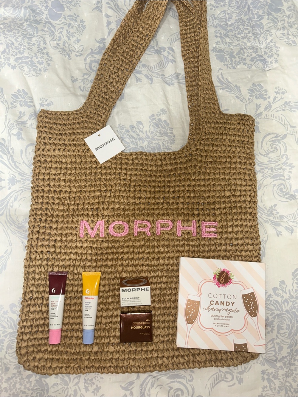 Morphe Tan Crochet Tote with Pink Embroidered Logo Set